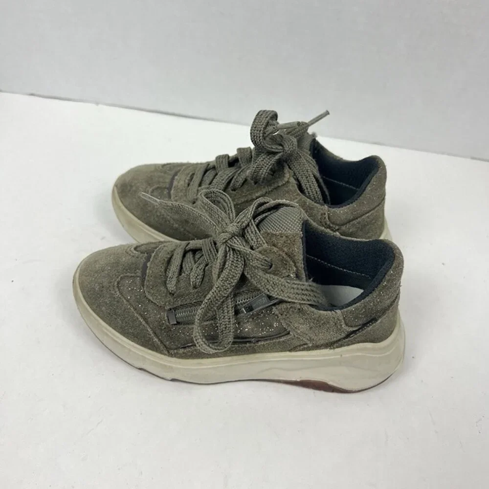 Girls Superfit Leather Sneakers‎ sz 25 US 8.5 Green Suede Shoes Zipper Comfort